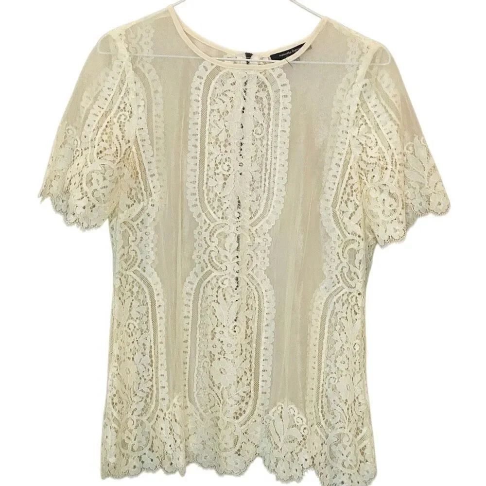 Nanette Lepore Exposed Back Zip Short Sleeve Sheer Floral Lace Blouse Cream Sz 8